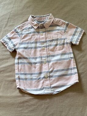 The Children's Place Pink White & Navy Striped SS Button-Down Shirt 24M